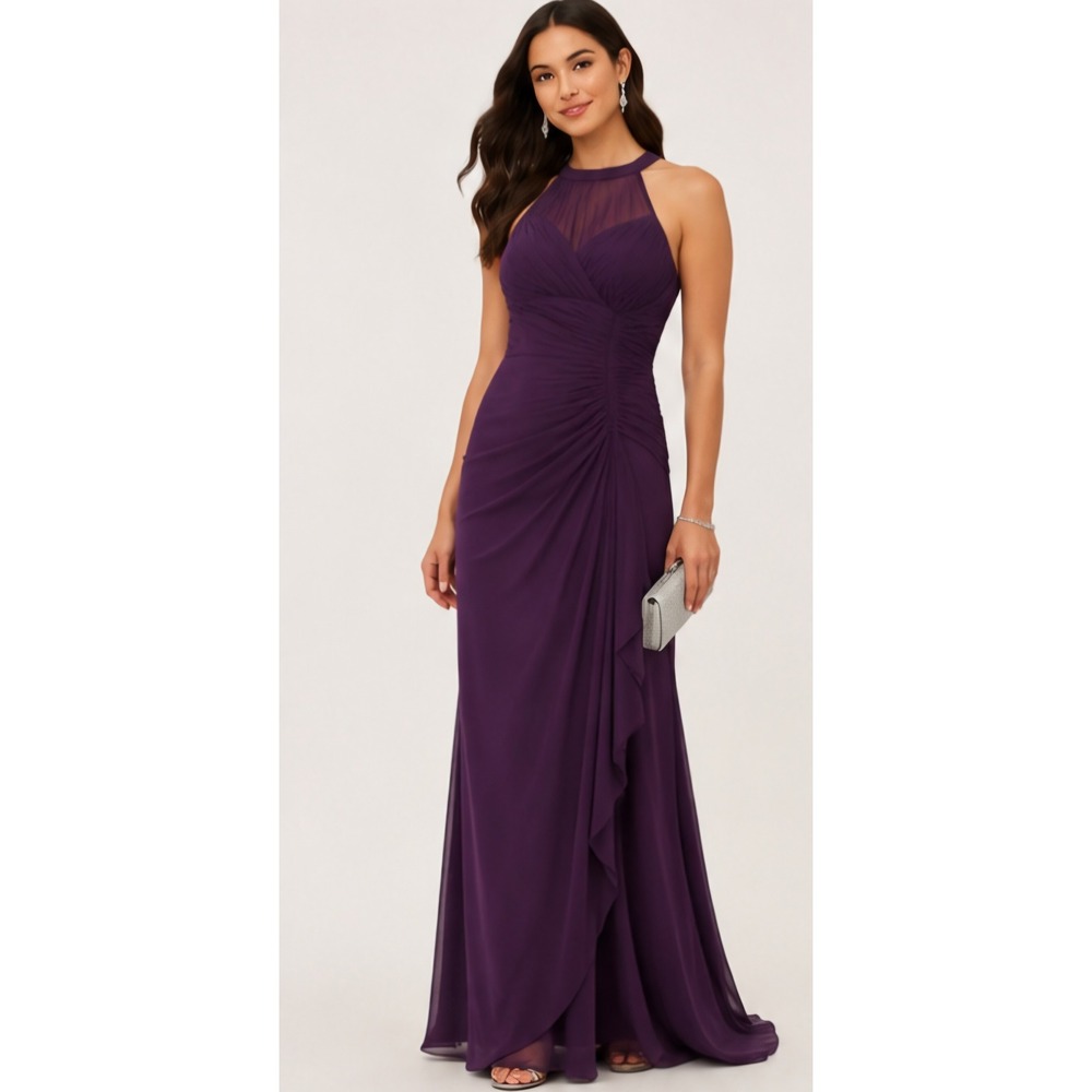 DAVIDS BRIDAL Illusion Mesh Ruched Halter Formal Gown Plum Size 8 NWT
